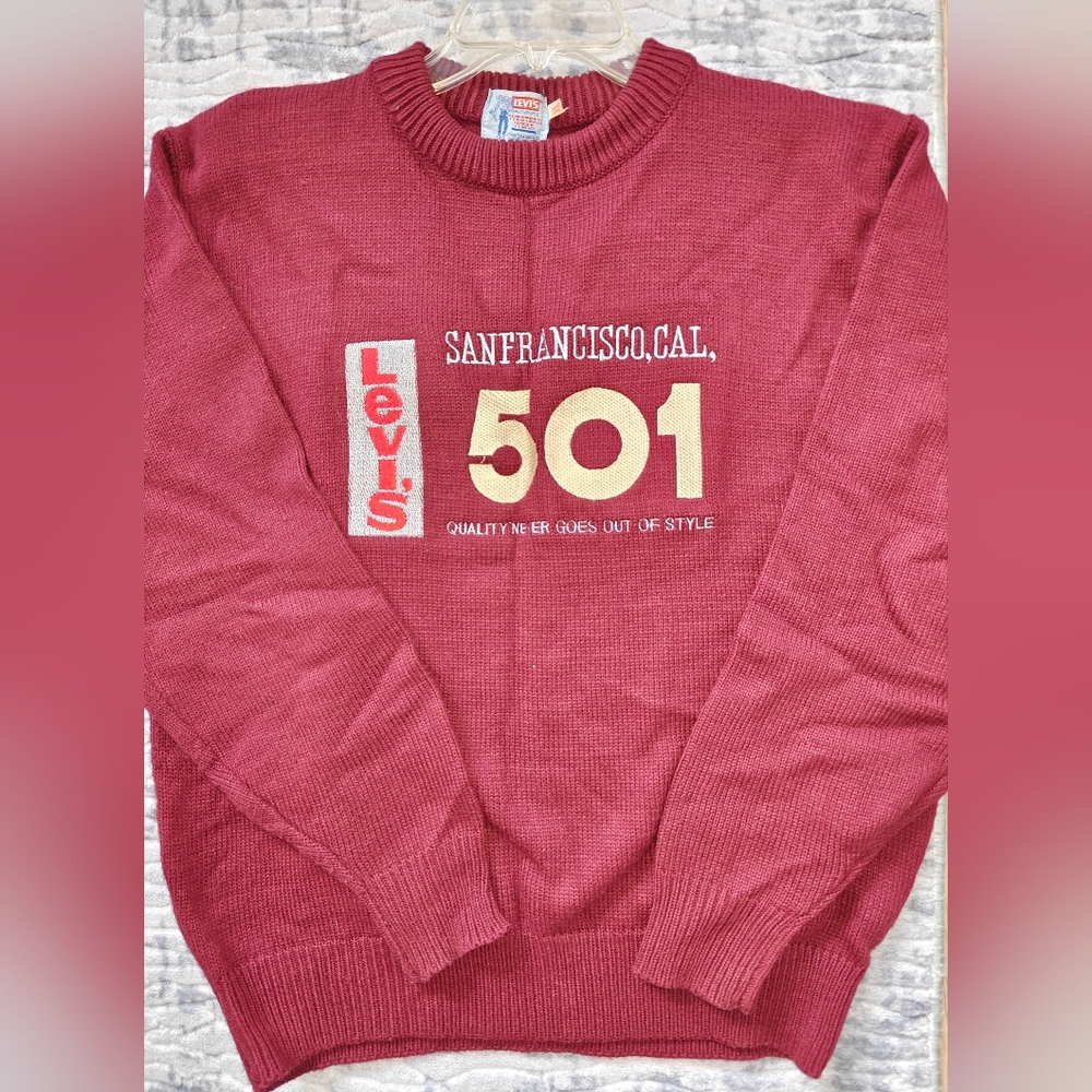 Levis 501 Knit Sweater Mens XL Dark Red Crew Embroidered Cotton Sweater Vintage